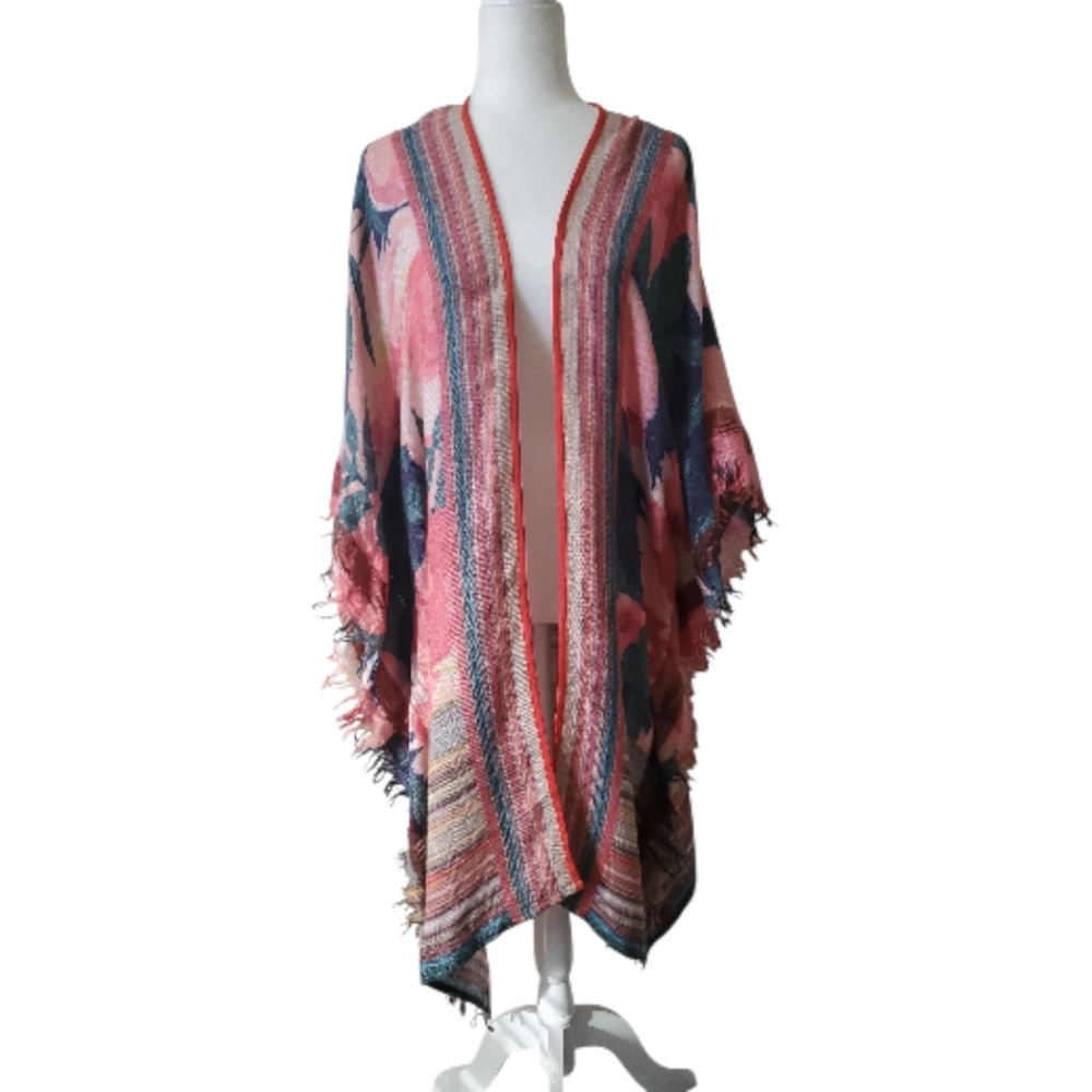Blank London Floral Fringe Ruana Kimono Wrap One Size Boho Multicolor